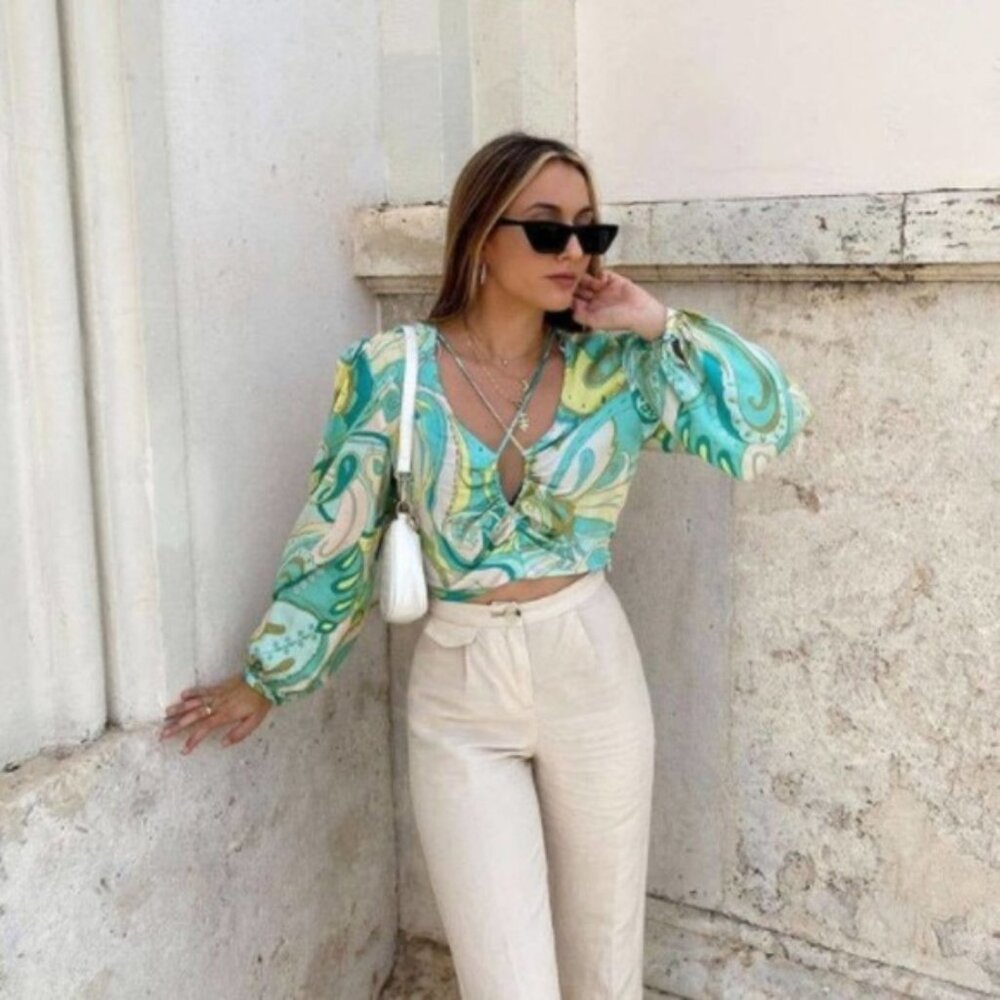 ZARA Blogger Aqua Printed Crop Top Size L New With Tags